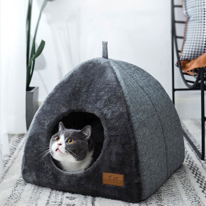 Maison pour Chat Intérieur Niche pour Chat d’intérieur avec Coussin Amovible Lavable Rembourré Pliable Abri Chaud pour Chats(M) Gris
