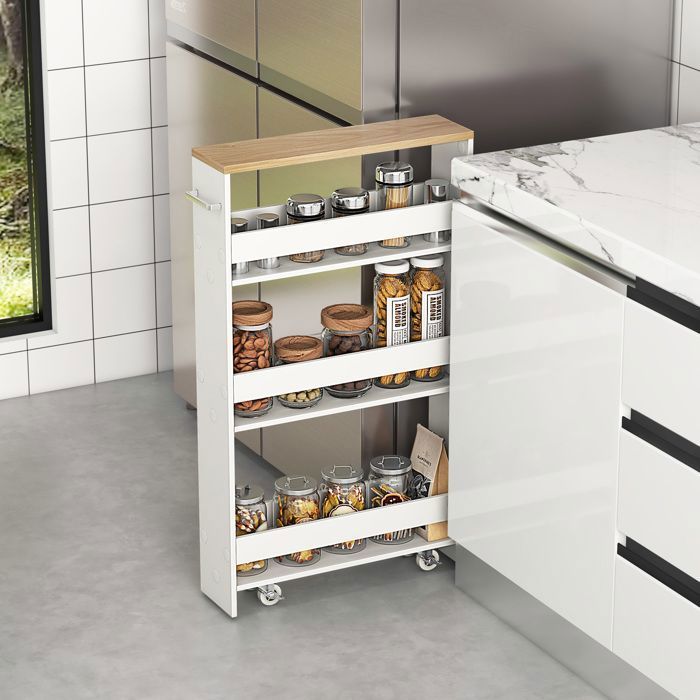 Chariot De Cuisine Étroit Blanc AKOLAFE 38x12x97 Cm - 4 Niveaux - Étagère De Niche 12 Cm - Idéal Salle De Bain Et Cuisine