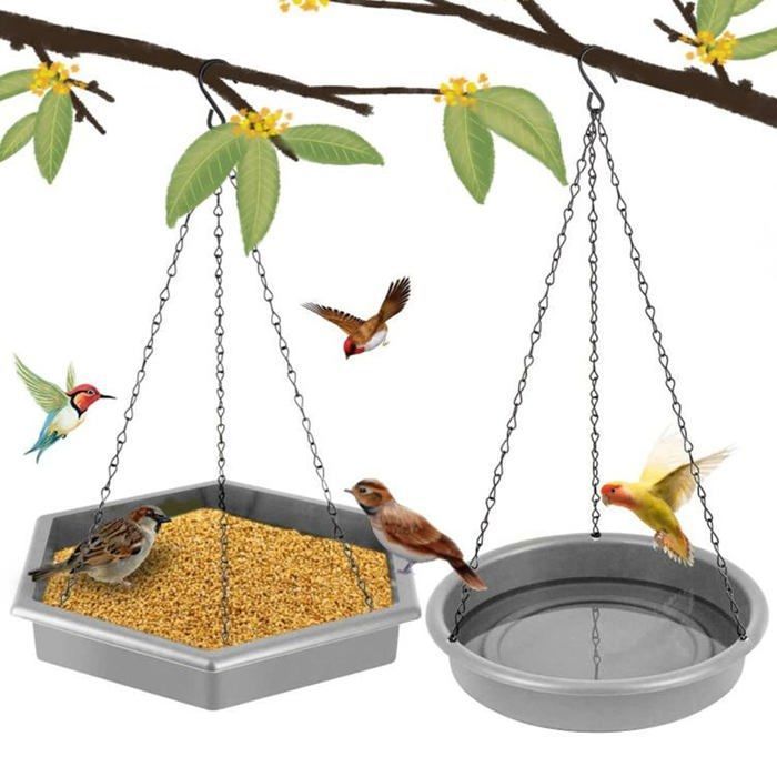 Mangeoires Oiseaux Extérieure à Suspendre Mangeoire à Oiseaux XL 2 en 1 et Bains doiseaux pour lextérieur(Gris foncé)