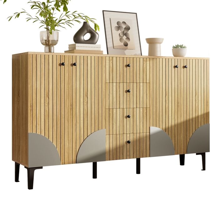 Armoire de rangement moderne en bois avec 4 portes et 4 tiroirs design minimaliste pour salon salle à manger ou couloir 160x36x94cm