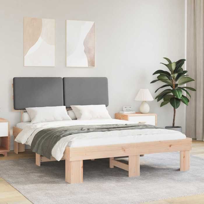 Lit avec tête de lit rembourrée - UU - Gris clair - Pin massif - 201x143x93 cm - 140x190 cm - 2 personnes