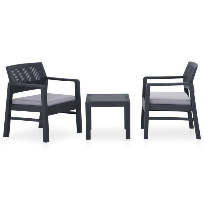Salon de jardin 3 pièces - BURKE - Plastique - Gris - Coussins anthracite - 59x46x40 cm (table) - 63x59x75 cm (chaise)