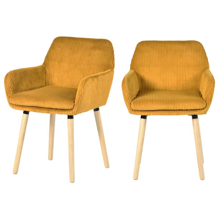 MEUBLES COSY Lot de 2 chaises de salle à manger de style scandinave avec pieds en bois et accoudoirs en velours côtelé jaune - ELIA