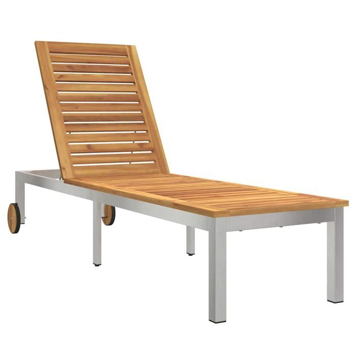vidaXL Chaise longue avec roues 207x58x35 cm en bois d'acacia et acier inoxydable - vue 2
