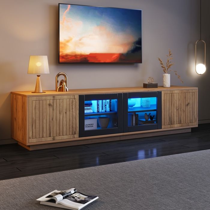 Meuble TV moderne - 180x40x45cm - 4 portes - Eclairage LED - Finition bois et noir