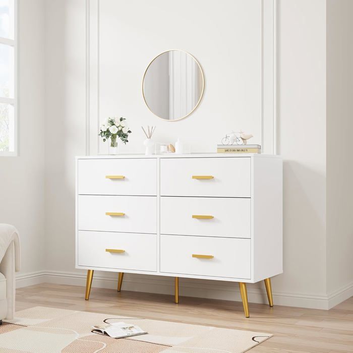Commode moderne à six tiroirs - LUNSY - 106x40x85 cm - Blanc - Six tiroirs spacieux - Poignées en métal doré