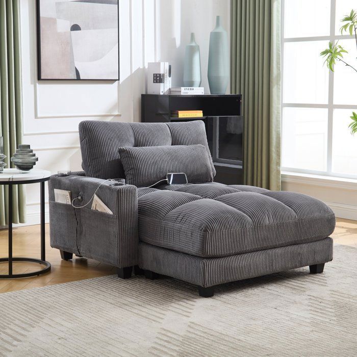 Chaise longue canapé-lit une place avec coussin porte-gobelets et poches latérales adaptée au salon bureau et chambre-gris