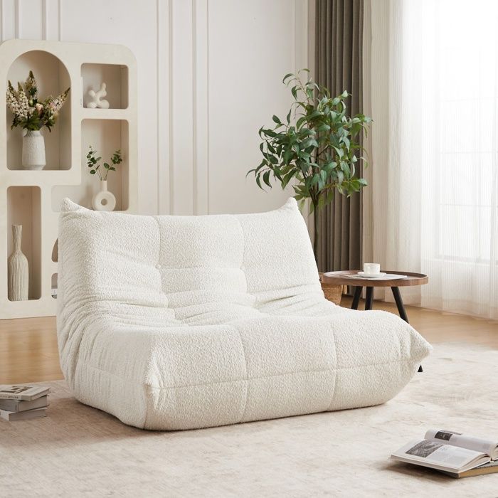 Canapé de Sol 2 Places Chauffeuse Ergonomique Double Mousse Haute Densité Salon et Chambre Max 300kg en Chenille Blanc
