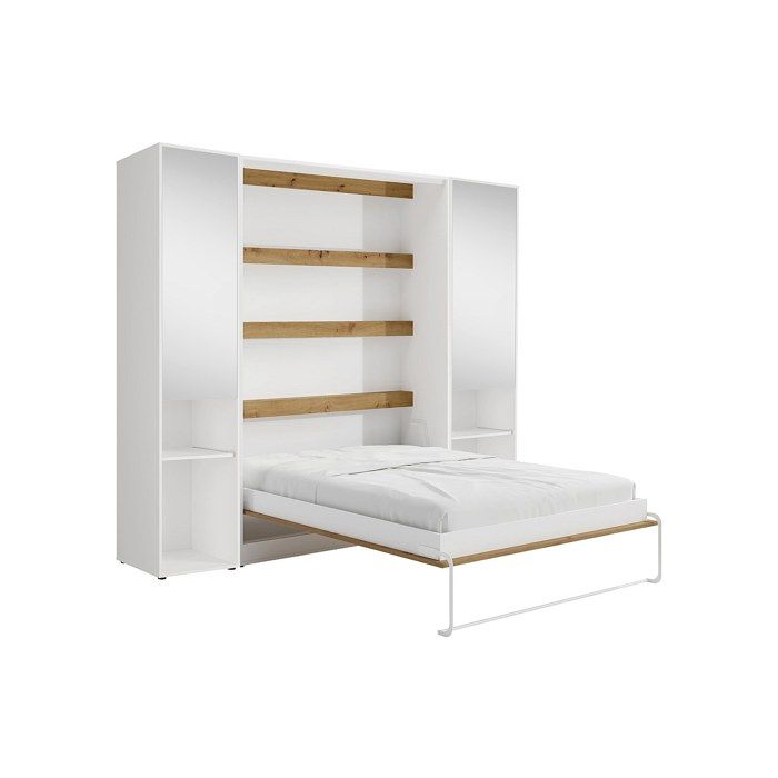 Lit escamotable vertical 140 x 200 cm - 2 colonnes de rangement - Avec miroirs et LEDs - Blanc et naturel - RAPILI