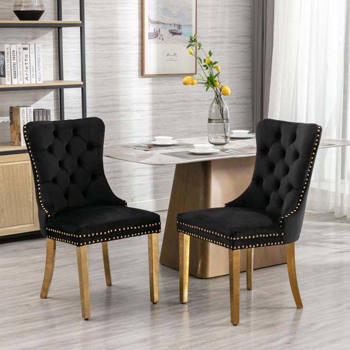 Chaise de salle à manger - Lot de 2 velours - Dossier haut - Pieds bois massif dorés réglables - Matelassage noir