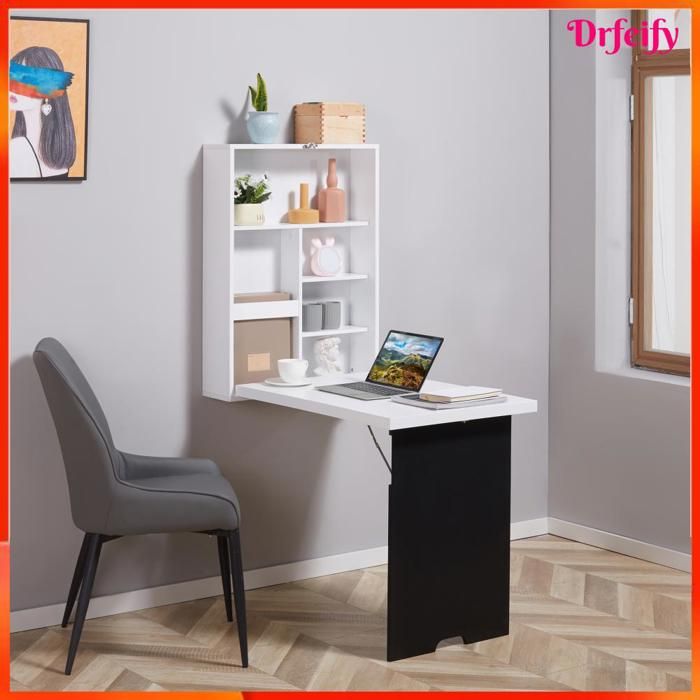 6617 Bureau Mural Pliable Table Murale Rabattable Suspendue sur Pied étagère + Tableau à Craie intégré MDF Blanc