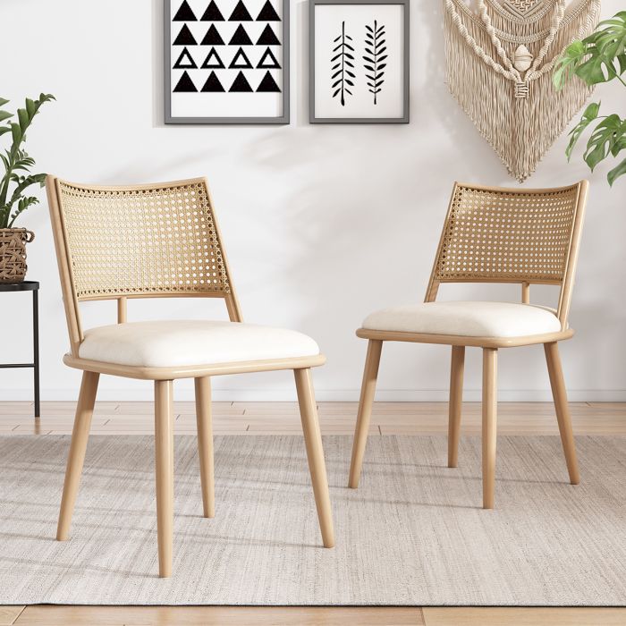 LPOSPI Chaise de salle à manger - lot de 2 en pu avec dossier en rotin et pieds en bois - beige