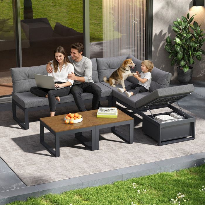 Ensemble de salon de jardin - Canapé dangle 4 places - Table basse - Pour terrasses balcons et jardins - Gris foncé
