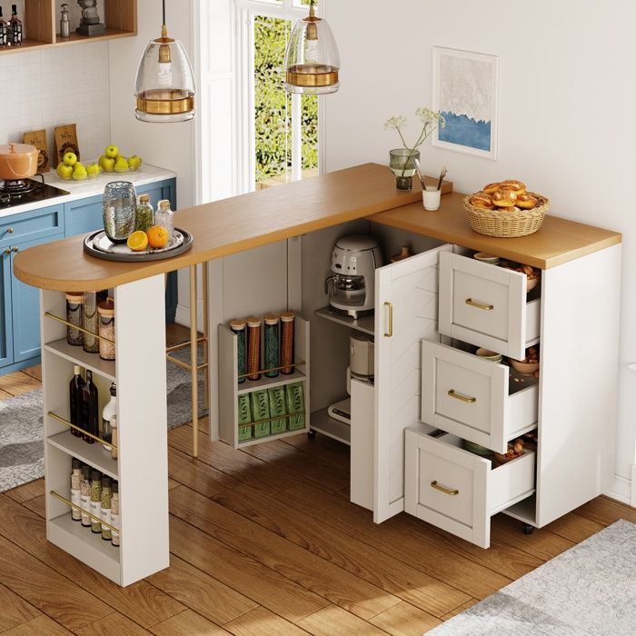 MIVRAY Meuble bar avec 2 Portes et 3 Tiroirs Plateau Extensible et 5 Roulettes pour Cuisine en MDF 135-228×39×104 cm Blanc