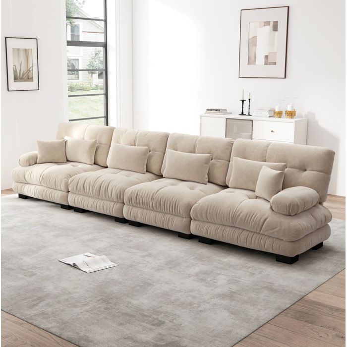 Canapé d’angle modulable 4 places café clair en chenille assise profonde composition libre