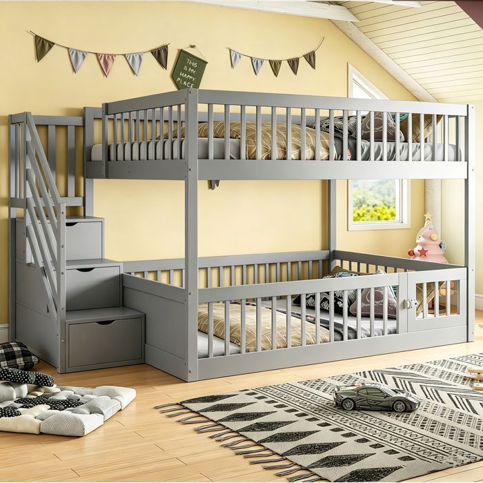 LINHOO Lit Superposé Enfant 140x200 cm Gris avec Escalier de Sécurité Tiroirs de Rangement et Lit Bas avec Porte