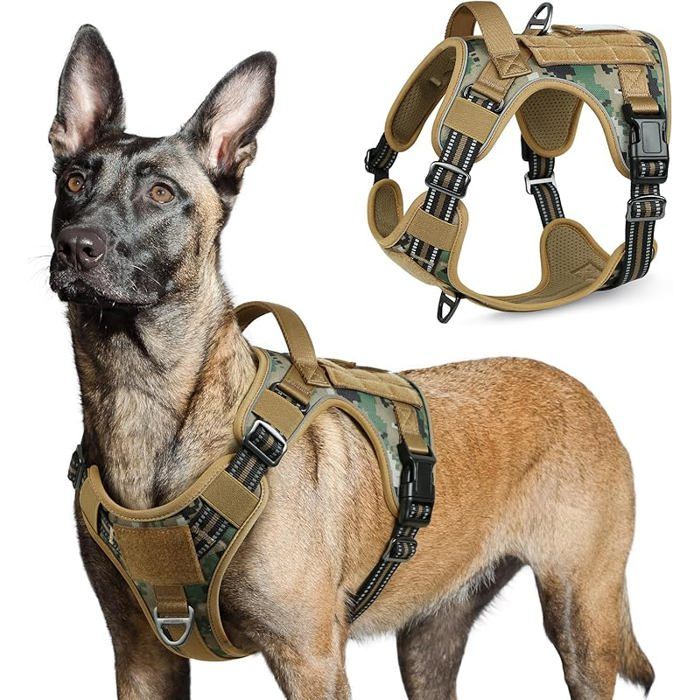 Harnais Chien Anti Traction Harnais Tactique Chien Réfléchissant Réglable avec Poignée et Camouflage Marron L (Lot de 1)