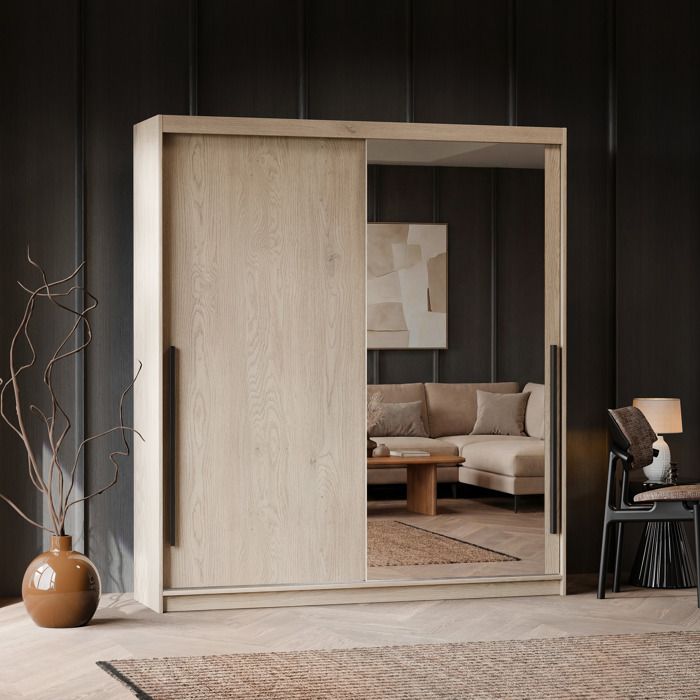 Armoire SILENTE 180 cm - avec miroir - LED - portes coulissantes - Chêne de Crémone