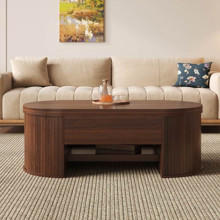 Table basse relevable - LEMONBEST - 110 x 55 5 x 40 cm - Noyer - Ovale - Étagère coulissante