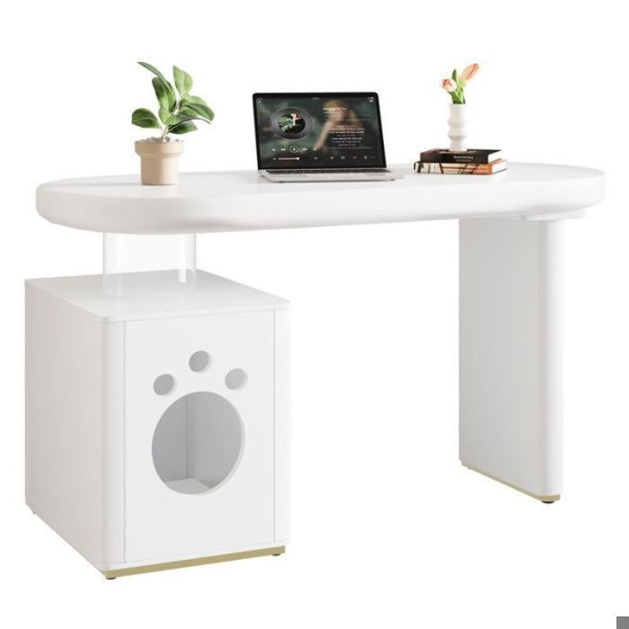 Bureau dordinateur design blanc 117 x 50 x 76 cm plateau courbe 2-en-1 avec nichoir et rangement finition brillante