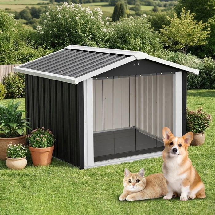 Niche pour Chien Extérieur - 102x91x84cm - Imperméable Protection UV Grande Taille avec Ventilation & Toit Incliné - Gris