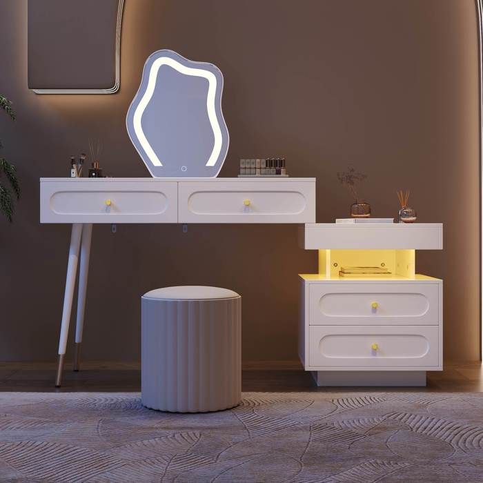 Coiffeuse chambre avec miroir LED avec 4 tiroirs spacieux et 1 compartiment de rangement ouvert 140 x 40 x 130cm sans tabouret Blanc