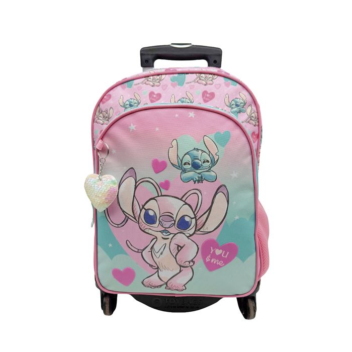 DAM Sac à Dos Primaire Angel & Stitch Double Compartiment Adaptable + CHARIOT NOIR 4 roues pivotantes multidirectionnelles.