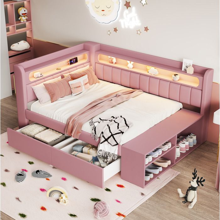 Lit Combiné Simple 90 × 200 cm USB LED 7 Couleurs 2 Tiroirs et Meuble à Chaussures - ELVMI - Sans Matelas Rose