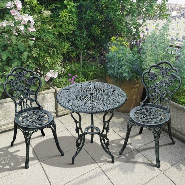 Set Bistrot de Jardin 3 Pieces avec Table Ronde et 2 Chaises Ergonomiques - TCQPZ - en Aluminium Coule Vert Antique