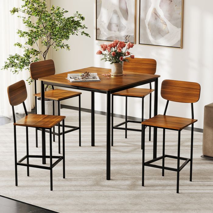 Table de bar 5pcs avec 4 chaises hautes structure renforcée design industriel teck rangement compact pour cuisine et salon