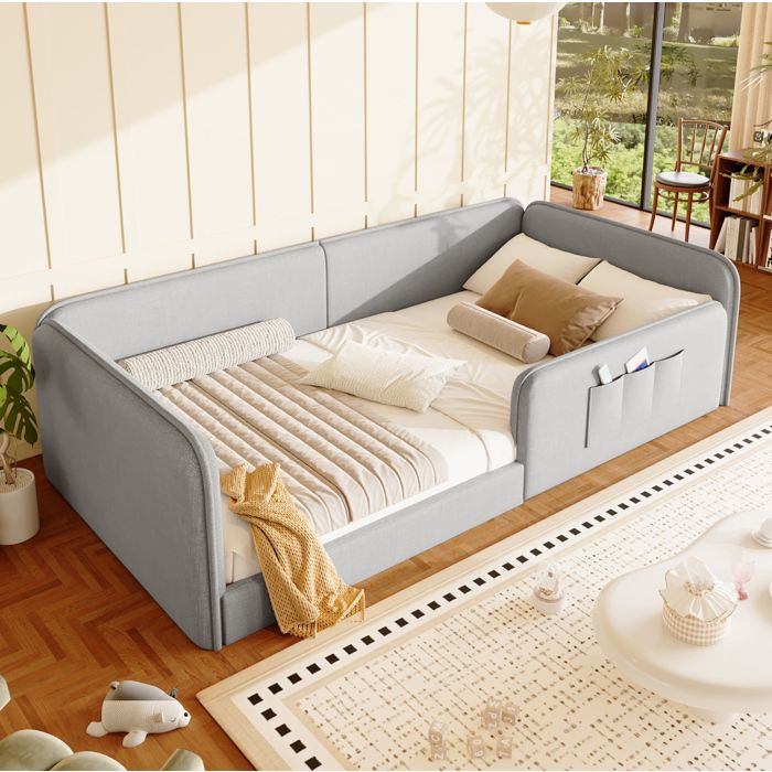 Lit plateforme 1 place 90×200 cm barrière de sécurité poche de rangement et lattes - MODENVIE - sans matelas MDF et lin - gris