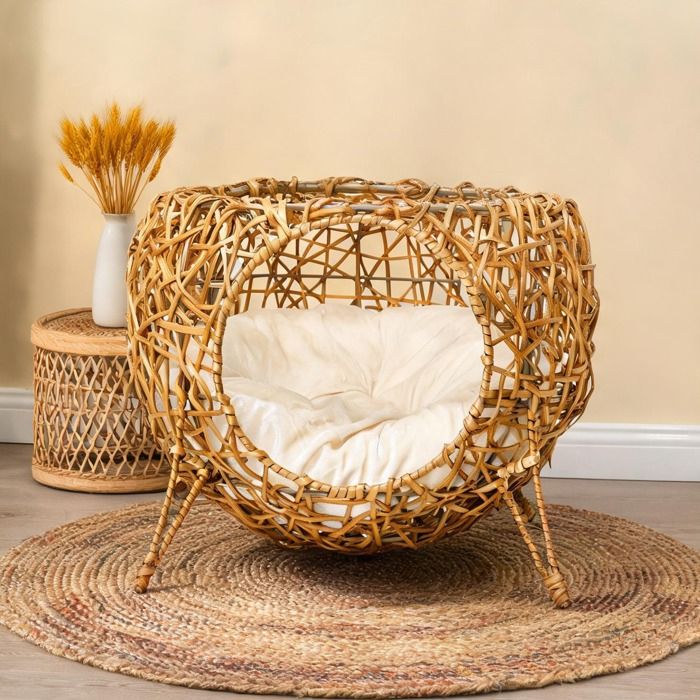 Niche ronde en rotin tressé pour chat avec coussin coton Ø 40 cm couchage confortable