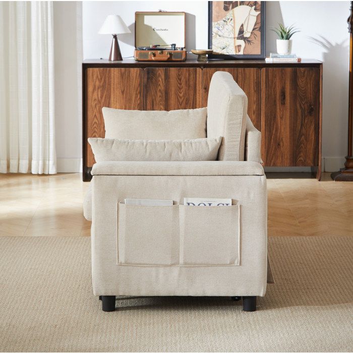 Canapé droit convertible 2 places 3 en 1 - BEAUNIV - rangement accoudoirs lit d’appoint - chenille beige