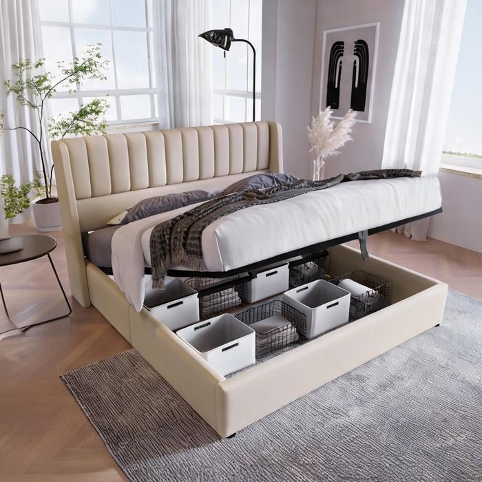 Lit coffre 160x200 cm en lin beige avec Beds and Frames and featuring Metal Frame with Beige Linen