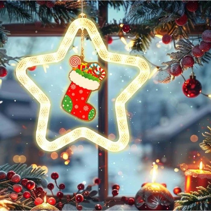 Lumière de Fenêtre à Ventouse LED Noël chaussettes Étoile Rideau Suspendu LED Pendentif Ventouse Deco Vitre pour Intérieur Fête