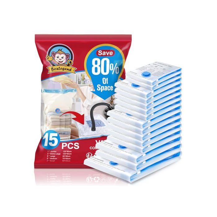 Sacs de Rangement Sous Vide - BOXLEGEND - Lot 15 - 5 tailles (XXL→S) - PA+PE 100µ - Économise jusquà 80%