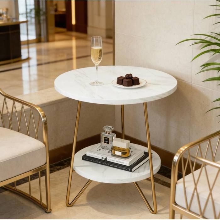 Table dappoint ronde – effet marbre blanc et métal doré – 2 niveaux – 48 x 48 x 55 cm