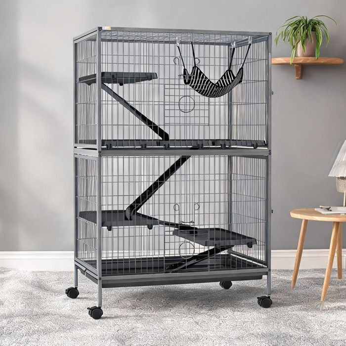 Cage pour chinchillas et furets à plateformes et hamac acier et PP 80 x 52 x 128 cm gris