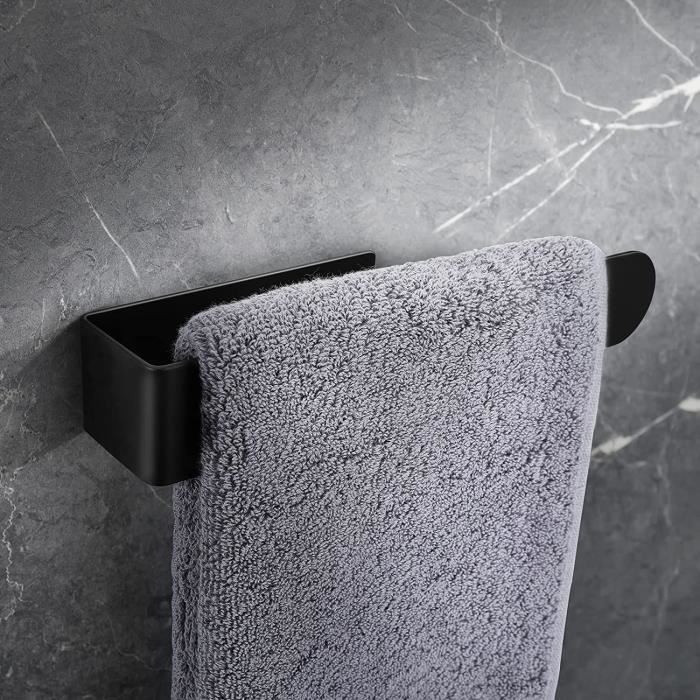 Porte-Serviettes Mural Adhésif 50 Cm – Double Barre + Crochet – Acier Inoxydable Noir Mat – Installation Sans Perçage