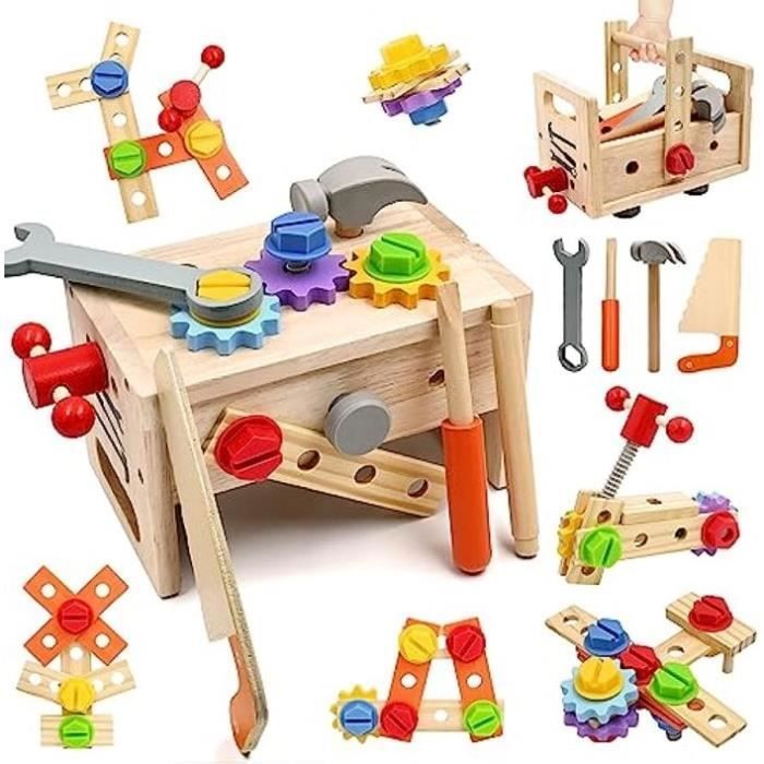Boite à outils en bois, jouet bricolage enfant avec clou, vis. 3 ans+