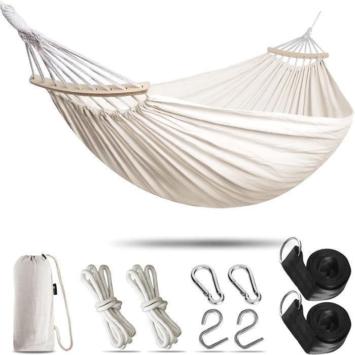 Hamac En Coton Pour Jardin Et Camping - 200 X 80 Cm - Charge Max 150 Kg - Avec Sac De Transport Et Cordes