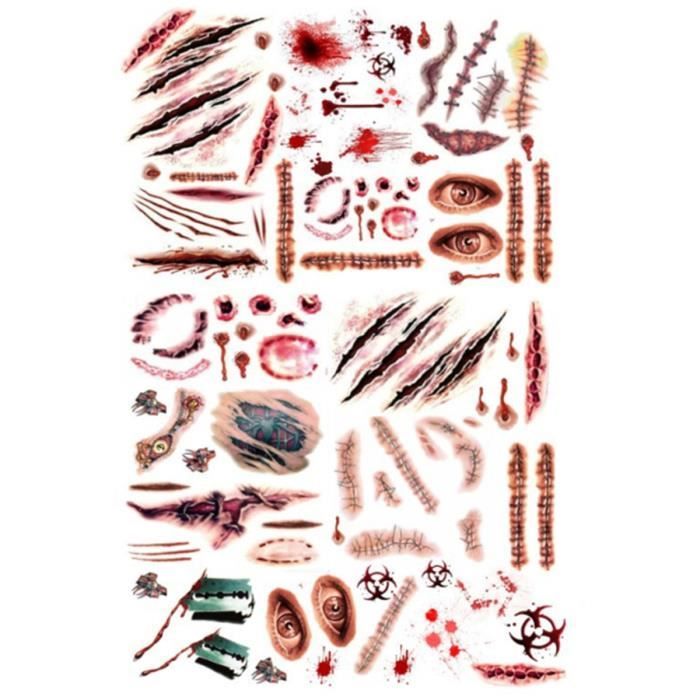 Tatouages Temporaires Halloween - 20 Stickers Faux Blessures Et Cicatrices Zombie, Imperméables, Pour Maquillage Et Cosplay