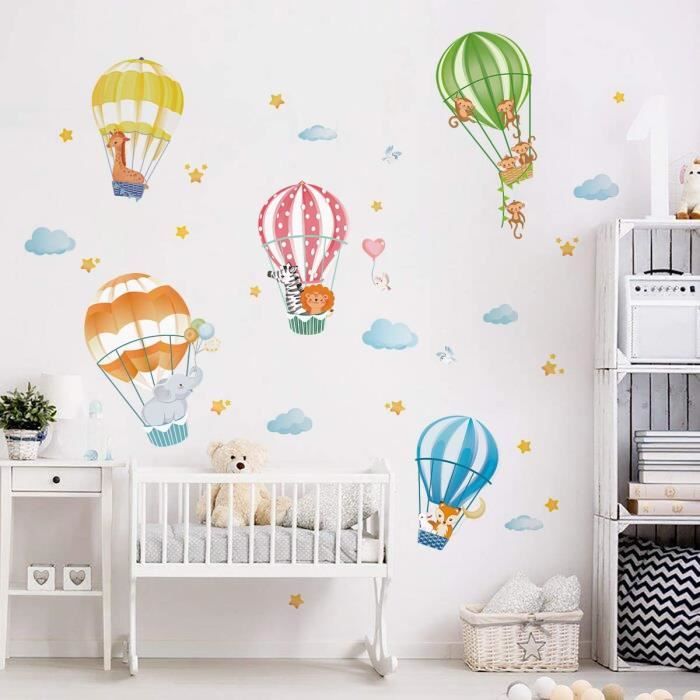 Decalmile Stickers Muraux Animaux En Montgolfiere Autocollant Mural Singe Girafe Elephant Decoration Murale Chambre Enfants Bebe Pep Cdiscount Maison