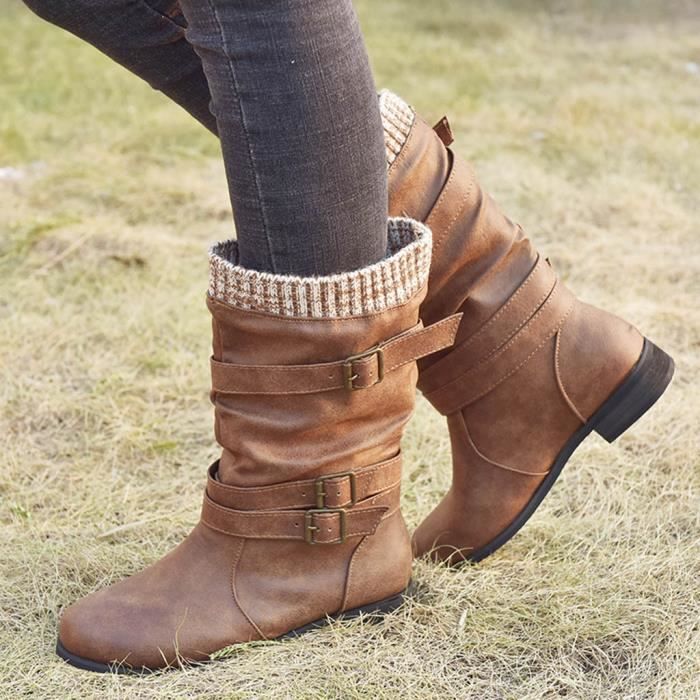 Bottes plates en cuir pour femmes a bout rond et talons bas avec sangle de boucle xue8548 Cdiscount