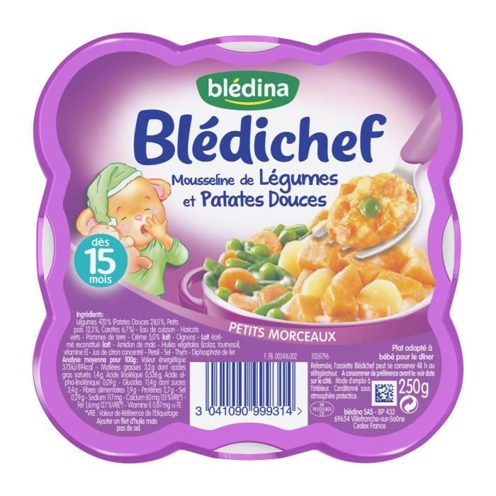 BLEDINA Blédichef Assiette fondue poireaux pommes de terre et cassolette patate douce légumes poulet dès 15 mois 4x250g pas cher
