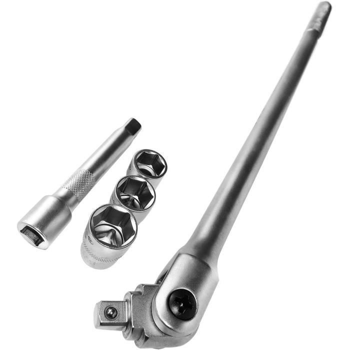 S&R Set Manche Clé à Douille Poignée Articulée 1/2" Avec Extension Et 3 Douilles 17 19 21 Poignee Articulee 600mm Extra Lourd Et Tres Resistant 16 Mm 1686 1931