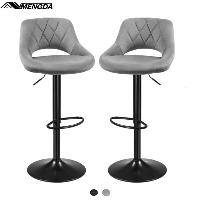 mengda 2 chaises hautes, sièges pour cuisine, revêtement velours, repose-pieds, strucutre en métal, hauteur réglable gris
