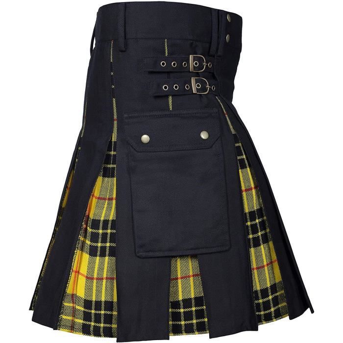 Kilt pour Homme Utilitaire écossais Traditionnel Tartan plissé Kilts avec Poches Cargo - Denim - Kilt moderne - Jaune-noir