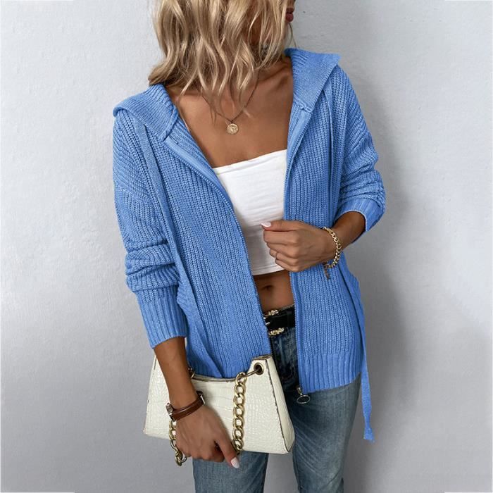 Gilet Zippe Femme en Tricot a Capuche Automne Hiver Cardigan Manches Longues Couleur Unie Bleu