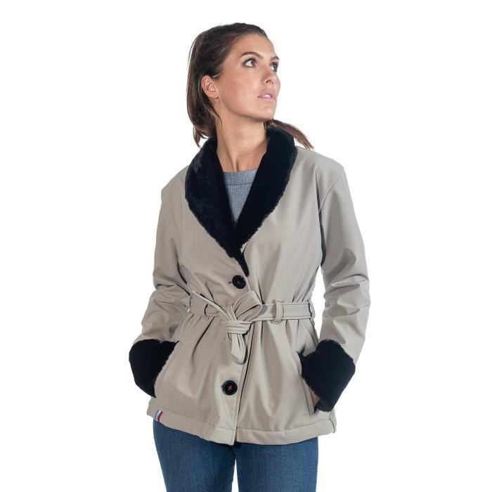 Veste femme Skidress Francoise Beige Noir Col V en fourrure Coupe cintree type kimono Beige noir Cdiscount Pret a Porter